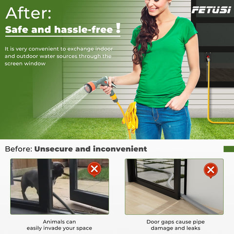 Woman using DIY Water Spigot Kit And Hose Bib Extender With Brass Connector, Indoor To Outdoor Water Access on patio