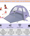 Beach Shade Tent With UPF 50 Plus Sun Protection For 3 To 8 People Portable Family Beach Canopy Lightweight Easy Setup Cabana