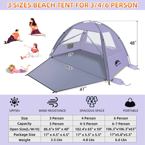 Beach Shade Tent With UPF 50 Plus Sun Protection For 3 To 8 People Portable Family Beach Canopy Lightweight Easy Setup Cabana