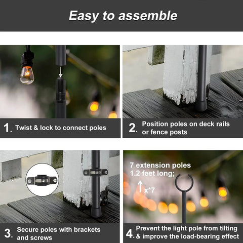 Outdoor String Light Poles 2 Pack 9 Ft Adjustable Pole And Bracket Kit assembly steps on deck railing, close-up views.