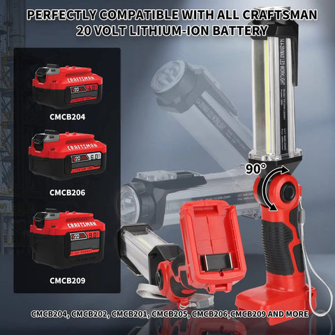 2000LM LED Work Light For Craftsman 20V Battery Compatible shown with 90-degree tilt feature and compatible batteries listed.