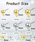 DIY Earring Making Kit With 240 Ball Post Studs Includes 60 Pairs Butterfly Earring Backs And 60 Pairs Spherical Earrings Three Sizes Of Posts Two Colors For Customizable Earrings, 4mm-6mm gold and silver studs
