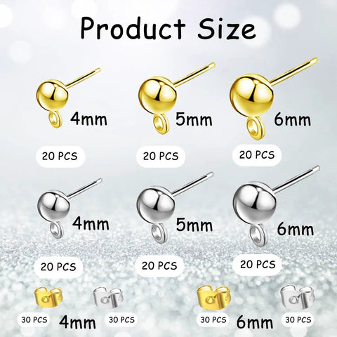 DIY Earring Making Kit With 240 Ball Post Studs Includes 60 Pairs Butterfly Earring Backs And 60 Pairs Spherical Earrings Three Sizes Of Posts Two Colors For Customizable Earrings, 4mm-6mm gold and silver studs