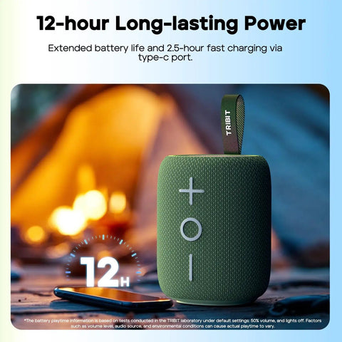 StormBox Mini Plus Portable Bluetooth Speaker With 360 Surround Sound, 12W Output next to mobile phone