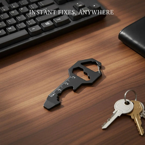 Metal Multi Tool Card With Bottle Opener And Hex Wrench on desk next to keyboard and keys