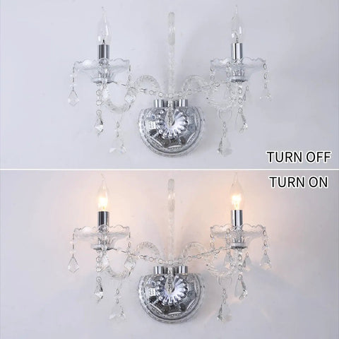 Elegant Crystal Wall Sconce Candles Set Of 2 For Living Room Bath Entryway Hallway Hardwired Classic Wall Lights With Glam Crystal Accents And A Lit Glow For Hotels Galleries Exhibition Rooms showing off and on lighting.