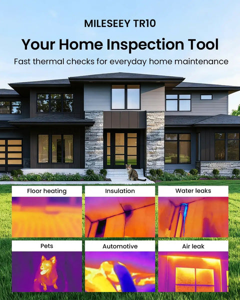 Image showing a modern house and six thermal inspection examples, featuring the TR10 Thermal Imaging Camera Pro Grade Handheld Infrared Imager With 192 By 192 Resolution, 25 Hz Refresh Rate, Range From Minus Four To One Thousand Twenty Two Degrees Fahrenheit, Eight Hour Battery Life.
