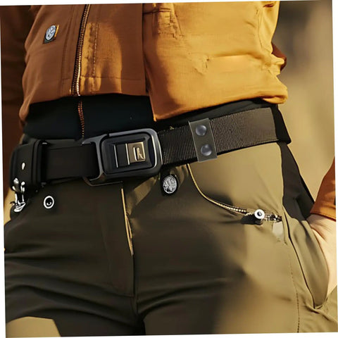 Close-up view of Six Piece Durable Nylon Belt Buckles For Camping Gear With Quick Release Design installed on black belt.