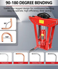 Heavy Duty 12 Ton Manual Hydraulic Pipe Bender With Six Adjustable Roller Dies For Precision Copper Tubing Bending Handles One Half To Two Inch Pipes showing 90-180 degree bending with aluminum and copper pipes.