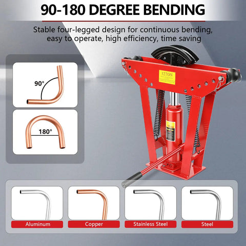 Heavy Duty 12 Ton Manual Hydraulic Pipe Bender With Six Adjustable Roller Dies For Precision Copper Tubing Bending Handles One Half To Two Inch Pipes showing 90-180 degree bending with aluminum and copper pipes.