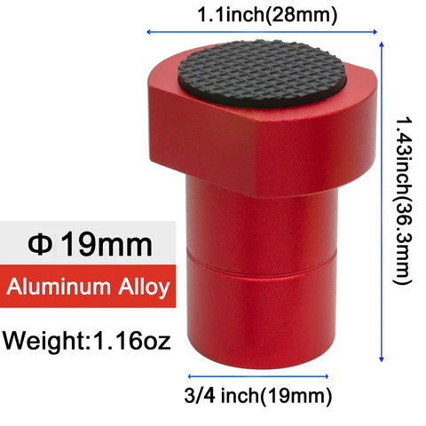 8 Pack 3/4 Inch Lightweight Aluminum Bench Dogs Non Slip Woodworking Clamp Set For Dog Holes Red Heavy Duty Non Skid Workbench Stoppers For Tight Grip No Wiggle Room Lock It Down showing red aluminum stop with textured top for secure grip.
