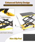 KAFLLA Hydraulic Lift Cart With Double Scissor Jack Supports 330 Pound Work Weight And Reaches An Impressive Fifty Inch Max Lift Height showing non-slip pad and safety features.