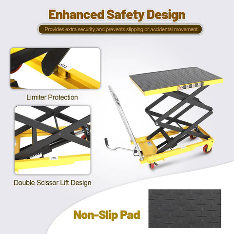 KAFLLA Hydraulic Lift Cart With Double Scissor Jack Supports 330 Pound Work Weight And Reaches An Impressive Fifty Inch Max Lift Height showing non-slip pad and safety features.