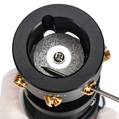 Close-up of a Tungsten Electrode Sharpener Grinder Head for TIG Welders with 4 copper screws, showing internal diamond wheel