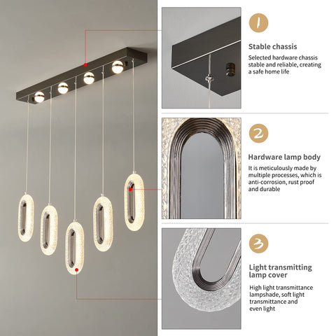 60W Dimmable LED Pendant Chandelier With Remote Control, 5-Light Slick Modern Black Fixture and detailed hardware features