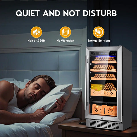Man sleeps near Premium Cigar Humidor Cabinet With Humidity And Temperature Control, 88L Capacity And 640 Cigars, Silent Compressor, Reversible Door, Spanish Cedar Drawer Shelves, Low E Glass, Sweet Gift For Men For Serious Cigar Lovers