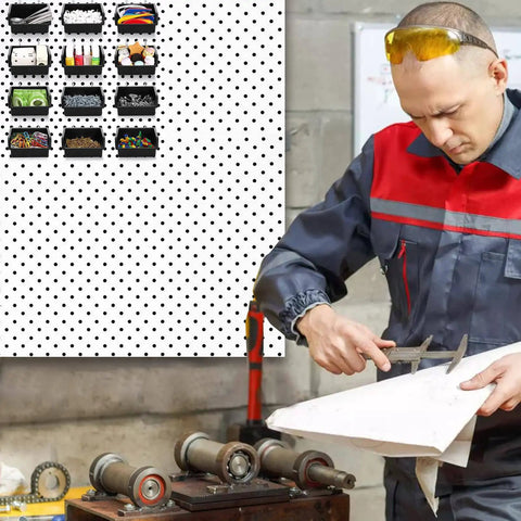 16 Pack Pegboard Bins With Metal Hooks Black Tool Organizer Cups in workshop with man using calipers and paper near workbench