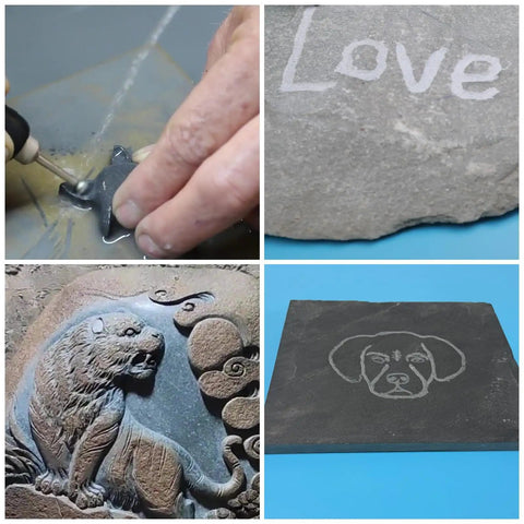 Close-up of stone engraving using Twenty 46 Grit Diamond Grinder Bits Set For Rotary Tools With 3mm Shank with animal designs.