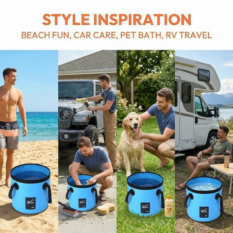 Collapsible Car Bucket With Handle Foldable 3.2 Gallon Water Storage Container for beach, car wash, pet bath, RV use