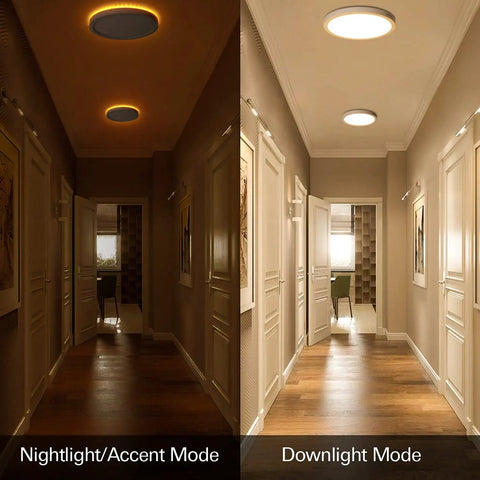 Hella Bright 13 Inch LED Flush Mount Ceiling Light With Night Light Low Profile Round 2400 Lumens in hallway night and day mode