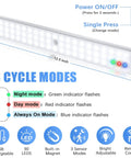 Rechargeable 90 LED Closet Lights With Motion Sensor And Remote showing size and 3 cycle modes with power button instructions