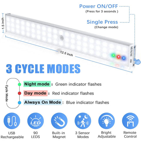 Rechargeable 90 LED Closet Lights With Motion Sensor And Remote showing size and 3 cycle modes with power button instructions