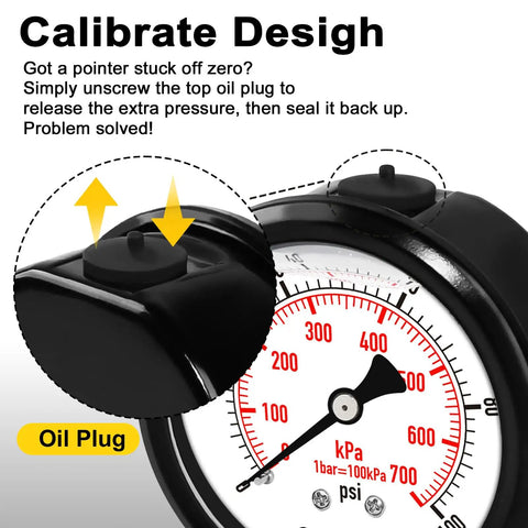Stainless Steel Liquid Filled Pressure Gauge 0-100 PSI, 2.5 Inch Dial, Glycerin Dampened with Calibration Design for Water Pumps