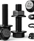 Top Shelf M8 X 30mm Full Thread Flanged Hex Head Bolts With Flange Nuts Flat And Lock Washers 10 Piece 10.9 Grade black zinc plated steel components