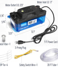 High Capacity Condensate Pump for HVAC With 20 Foot Lift and Tubing, 132 GPH at 0.033 HP, 115V Or 230V, Safety Switch With Auto Alarm