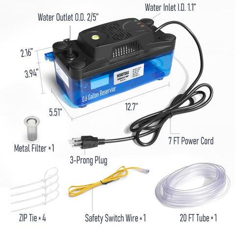 High Capacity Condensate Pump for HVAC With 20 Foot Lift and Tubing, 132 GPH at 0.033 HP, 115V Or 230V, Safety Switch With Auto Alarm