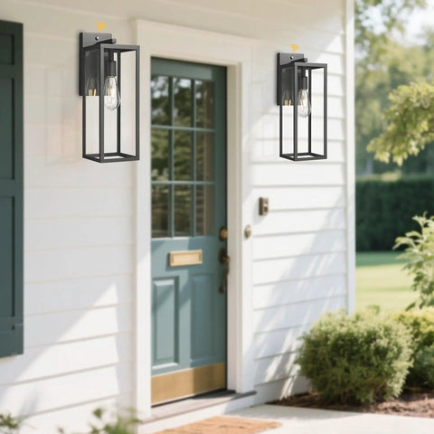 Dusk To Dawn Sensor Outdoor Wall Lantern 15 Inch Tall Anti Rust Black Exterior Light on porch beside green door