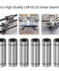 Six LM10LUU linear bearings with 10mm bore; silver with rubber seals, shown in front views for CNC machines.