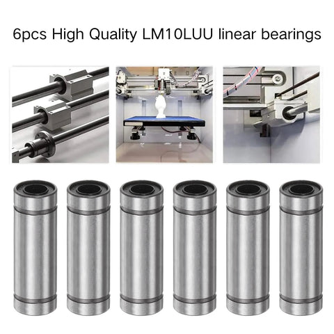 Six LM10LUU linear bearings with 10mm bore; silver with rubber seals, shown in front views for CNC machines.