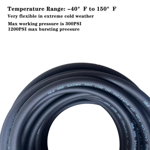 Coiled Hybrid Air Hose 1/4 Inch By 25 Feet, flexible high flow, black, temperature range -40 to 150 F, 300 PSI pressure rating.