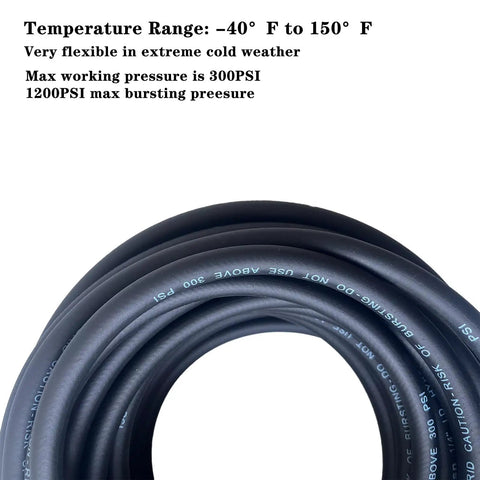 Heavy Duty Air Hose 3/8 In 50 Foot Run Built Tough As Nails kink free hybrid rubber PVC line coiled for storage.