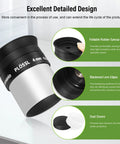 Close-up of 4Mm 1.25 Inch Plossl Eyepiece with Fully Multi Coated Optics, detailing foldable rubber eyecup, lens edges, and dust covers.