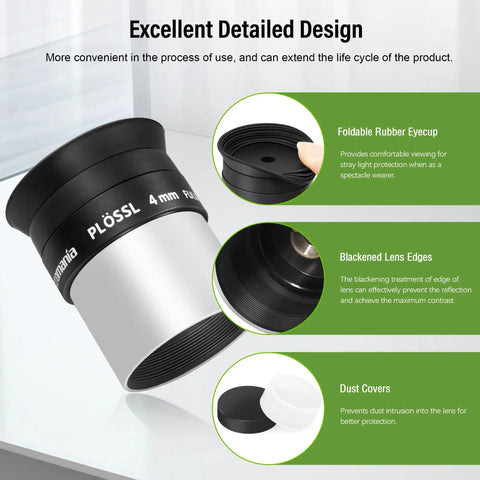 Close-up of 4Mm 1.25 Inch Plossl Eyepiece with Fully Multi Coated Optics, detailing foldable rubber eyecup, lens edges, and dust covers.