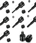 Heavy Duty Socket Adapter Kit With 8 Chrome Steel Bits Covers All PH And SL Sizes For Impact Wrench Use To Tackle Any Tough Bolt Job In A Snap., 60mm black chrome steel PH and SL bits with 10mm drive and socket adapters