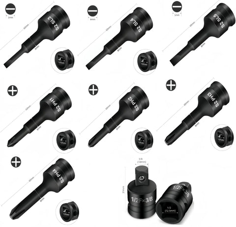 Heavy Duty Socket Adapter Kit With 8 Chrome Steel Bits Covers All PH And SL Sizes For Impact Wrench Use To Tackle Any Tough Bolt Job In A Snap., 60mm black chrome steel PH and SL bits with 10mm drive and socket adapters