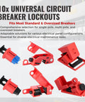 Hard Hat Approved 50 Piece Lockout Tagout Kit Featuring OSHA Compliant Safety Padlocks includes 10 universal circuit breaker lockouts in red.
