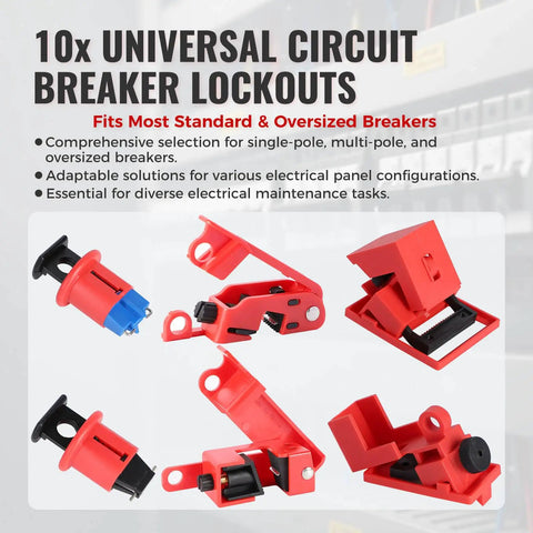 Hard Hat Approved 50 Piece Lockout Tagout Kit Featuring OSHA Compliant Safety Padlocks includes 10 universal circuit breaker lockouts in red.