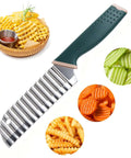 Crinkle-cut knife with stainless steel wave blade and green ergonomic handle for potatoes, cucumbers, carrots.