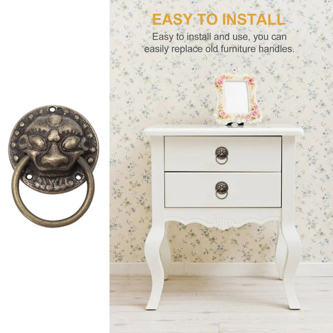 Set Of 2 Chinese Style Tiger Head Cabinet Handles, Antique Copper Door Pull Rings on white drawer, retro metal for furniture