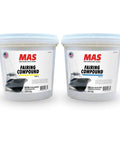Ready Mix Epoxy Fairing Compound One Gallon Heavy Duty Formula With Helluva Sag Resistance For Marine Fiberglass And Wooden Hulls Smoother Than Silk And Works Sweet On Vertical Panels; two tubs labeled Fairing Compound, one part A and one part B.