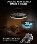Low Profile 12 Inch Black Ceiling Fan With Lights Flush Mount Bladeless Fandelier for bedroom, installed view with app control.
