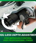 Close-up of tool-less depth adjustment knob on 18 Gauge Brad Nailer For Trim And Furniture Finishing, Pro-Preferred Pneumatic Power Nailer.