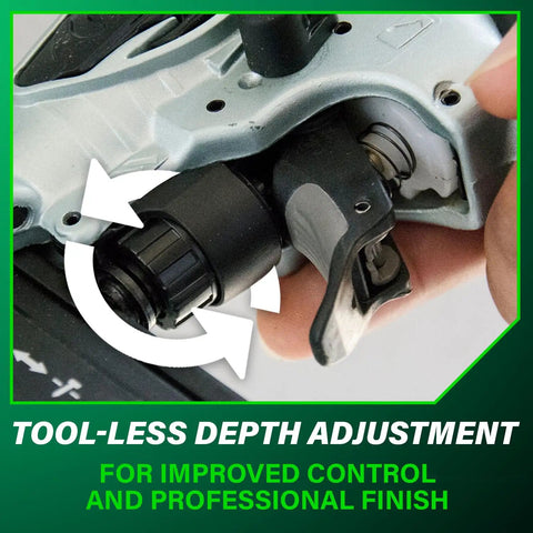 Close-up of tool-less depth adjustment knob on 18 Gauge Brad Nailer For Trim And Furniture Finishing, Pro-Preferred Pneumatic Power Nailer.
