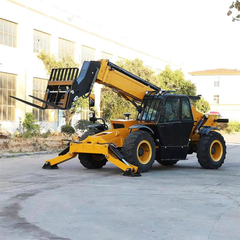 Four Ton Heavy Duty Telehandler Forklift Built Tough To Grind With 14 Meter Telescopic Boom Bucket Configuration lifting materials on jobsite.