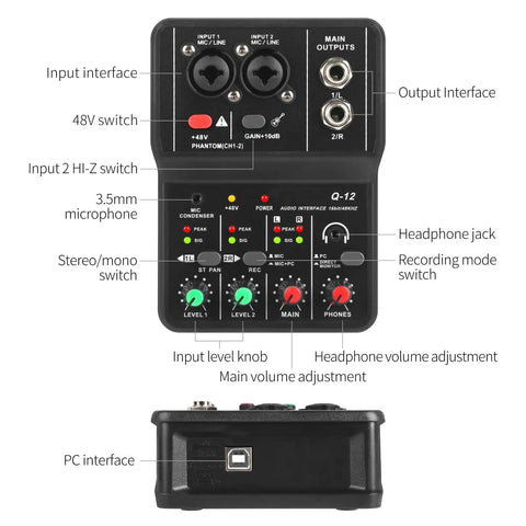 Front and side view of Q-12 USB Audio Interface For PC With XLR And 3.5mm Microphone Jack For Home Studio Recording