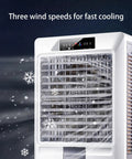 Portable Evaporative Air Cooler With Built In Timer And Freezable Ice Packs, 3 Speed Windowless Air Conditioner showing three wind speeds.